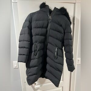 Mackage CALLA Agile-360 stretch light down coat with blue fox fur collar